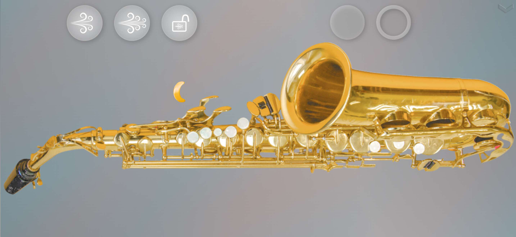 Music World + - A realistic golden saxophone on a digital screen with interactive music control buttons