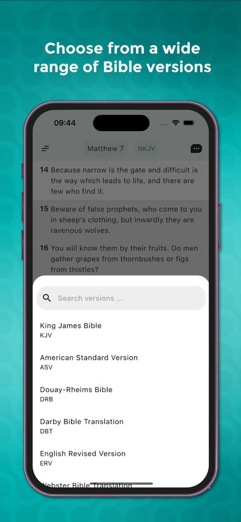 BiblicalAi - Bible App with Ai - A mobile app screen showing a list of different Bible versions like King James Bible and American Standard Version.