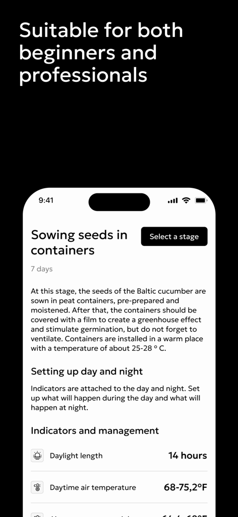 Gros.farm - Interfaz de la aplicación Gros.farm que muestra instrucciones para la siembra de semillas y parámetros de crecimiento ambiental