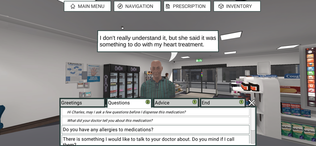 Ein Screenshot von Pharmacy Simulator, der eine interaktive Patientenberatung mit Dialogoptionen zeigt.