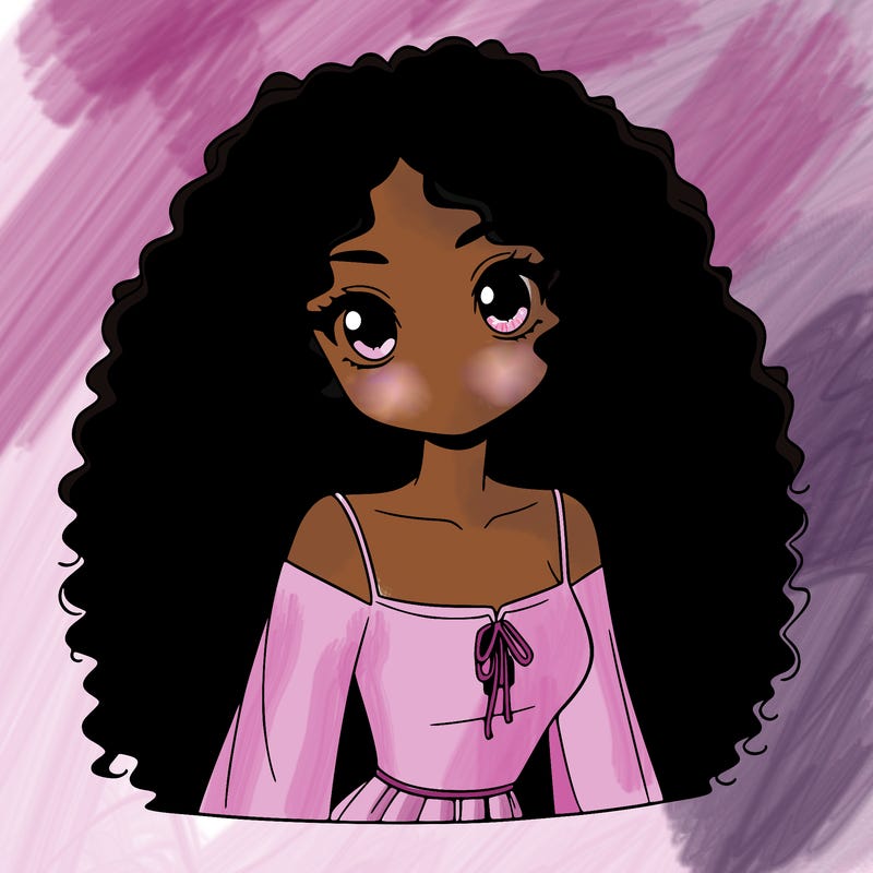 a black anime girl with long afro hair