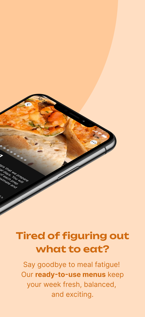 Mealpreper Guide: Plan & Cook! - Um smartphone mostrando um wrap de refeição da aplicação Mealpreper Guide com texto promocional sobre o fim da fadiga de refeições