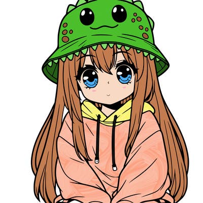 girl with anime shaped eyes with a dinosaur bucket hat oversized sweatshirt long straight hair