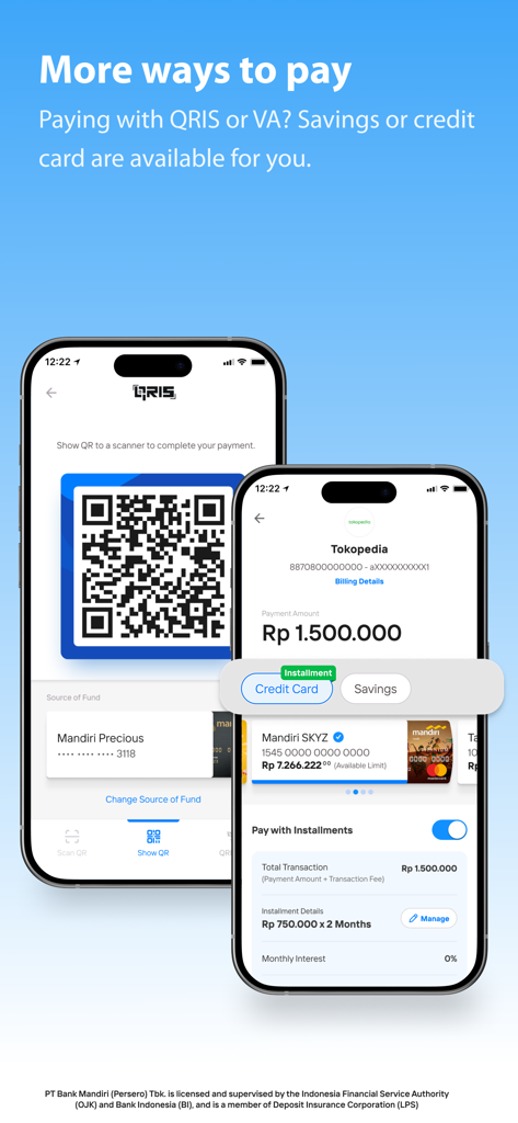 Livin' by Mandiri - Livin by Mandiriモバイルアプリの画面に、QRIS決済とクレジットカード分割払いオプションを表示