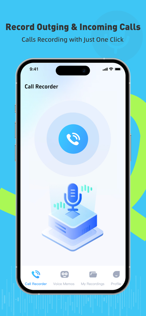 Main interface of the Call Recorder app showing one-click recording feature for phone calls.