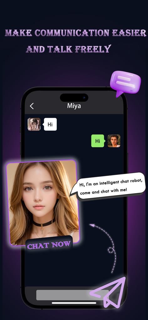 Interface of Hilii AI friends app showing a text conversation with an AI companion named Miya.