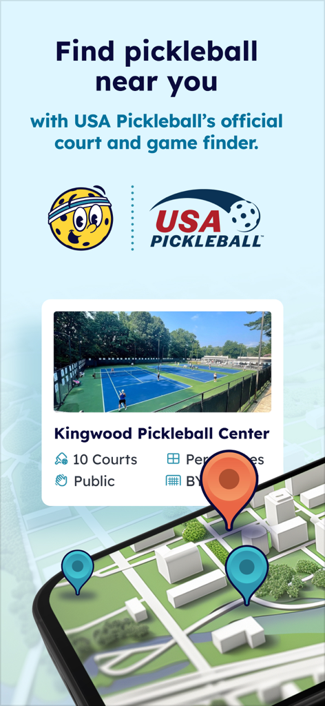 Pickleheads - Play Pickleball - Schermata dell'app Pickleheads che mostra una mappa con segnaposto per trovare campi e partite di pickleball nelle vicinanze.