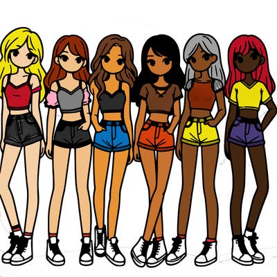 a group of girls wearing crop tops and shorts