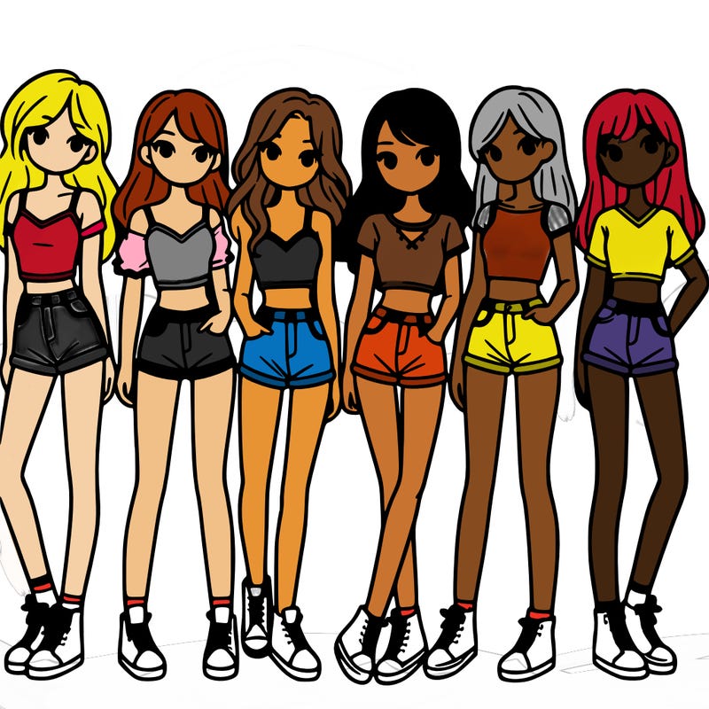 a group of girls wearing crop tops and shorts