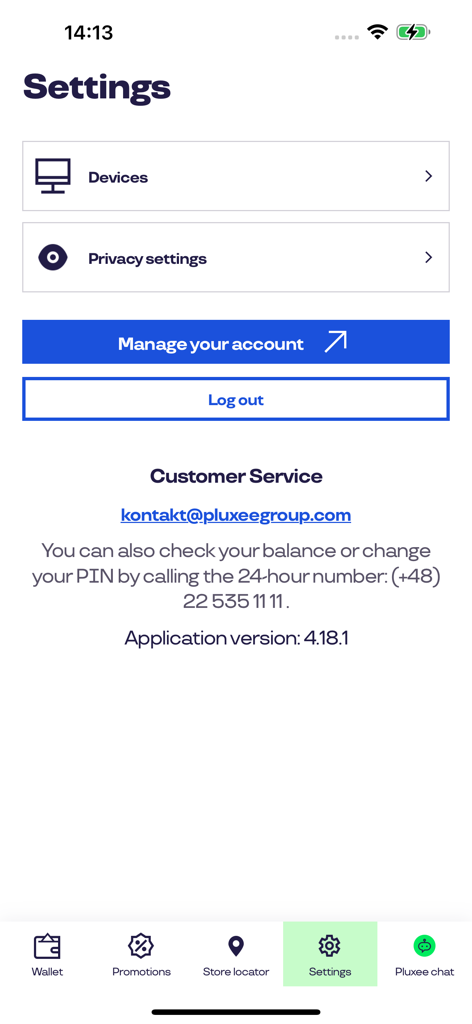 Pluxee Polska - La pantalla de configuración de la aplicación Pluxee que muestra opciones de gestión de cuenta, configuración de privacidad y detalles de contacto del servicio de atención al cliente.