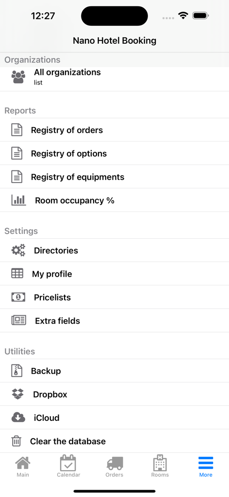 Nano Hotel Booking - Settings and reports menu in the Nano Hotel Booking app showing business utilities