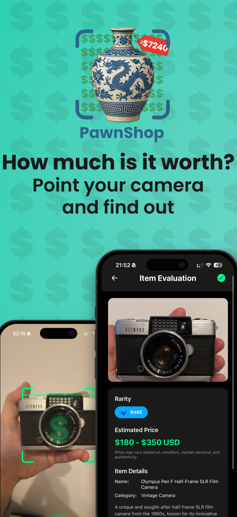 Antique Identifier: Pawn Shop - La aplicación Identificador de Antigüedades muestra un escaneo de cámara de una cámara vintage con un precio estimado y una evaluación de rareza.