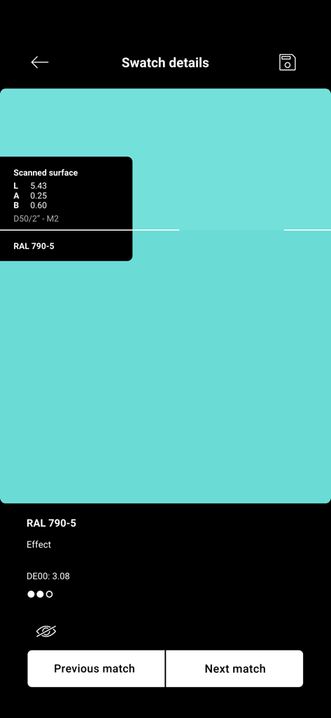 Nix Toolkit - Bildschirm der Nix Toolkit App, der Details zu einem türkisfarbenen Farbfeld und die RAL-Übereinstimmung anzeigt