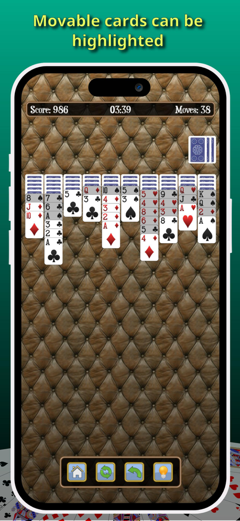 Black Widow - Spider Solitaire - Black Widow Spider Solitaire gameplay showing highlighted movable cards on a quilted background