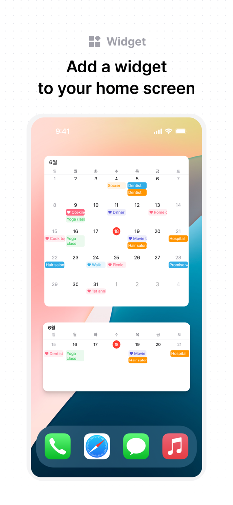 Lubble shared calendar widgets on an iPhone home screen displaying couple schedules and events