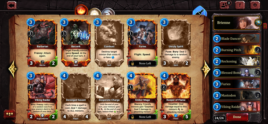 Runestrike CCG Deck-Builder-Bildschirm, der Fantasy-Runenkarten und eine Spielerdeckliste zeigt.