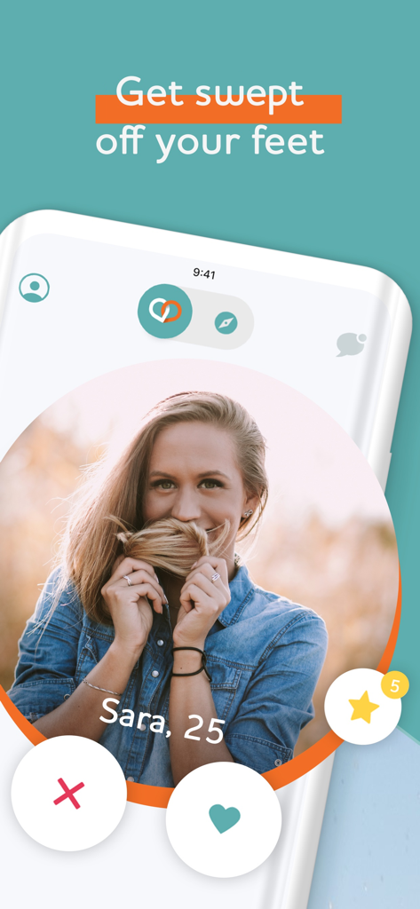 Benutzeroberfläche der christlichen Dating-App, die ein Benutzerprofil mit Wisch-Buttons zum Liken und Ablehnen zeigt