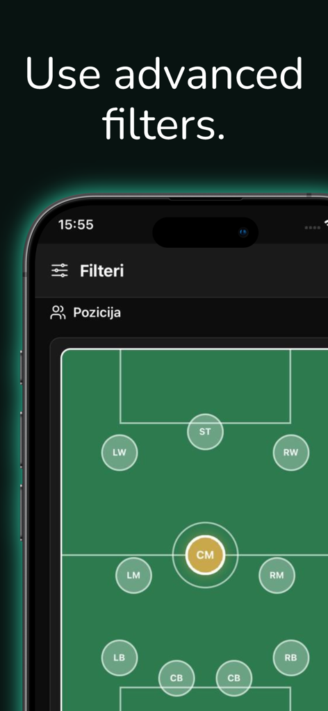 XFER - XFER mobile App-Bildschirm mit erweiterten Filtern und einer Fußballfeld-Grafik zur Auswahl von Spielerpositionen
