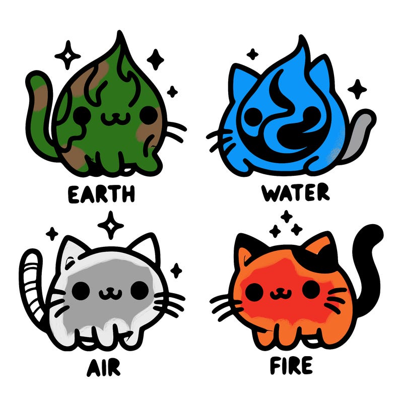 4 cats that represent the different elements, earth, water, air, and fire