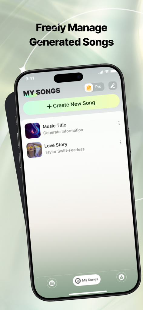 Smartphone screen displaying the Tone AI music library with generated songs and a button to create new music.