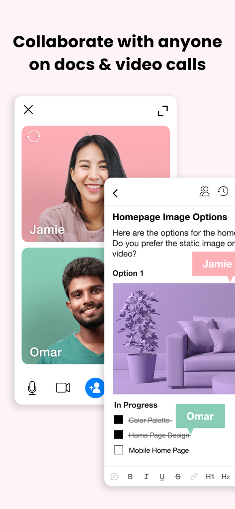 Spike: AI Email & Team Chat - Interfaz de la aplicación Spike mostrando una videollamada con dos participantes y un documento compartido para colaboración en tiempo real