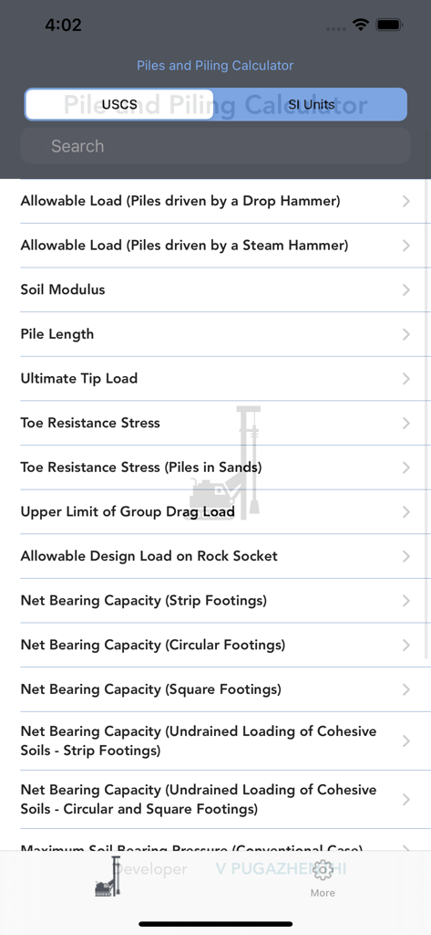 Main menu of the Pile and Piling Calculator app showing a list of geotechnical and foundation engineering calculators.