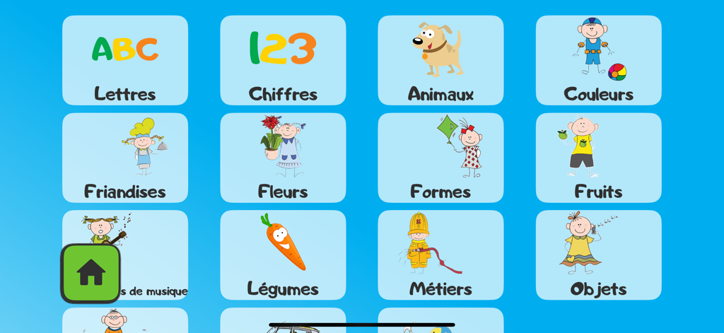 Menu de catégories éducatives pour les enfants apprenant les bases du français, notamment les lettres, les chiffres et les animaux