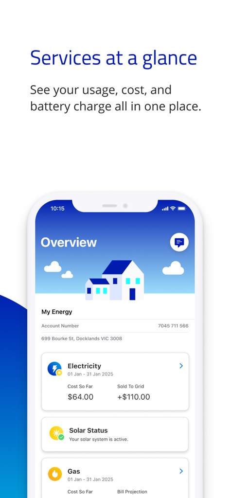 AGL - AGL mobile app dashboard showing electricity costs solar status and gas usage at a glance