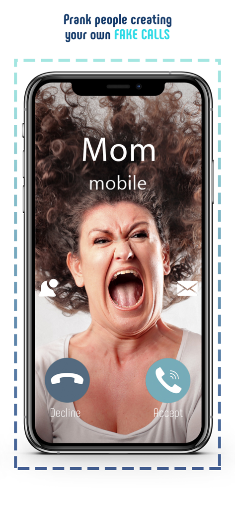 An incoming fake call screen from Mom with a humorous screaming face photo