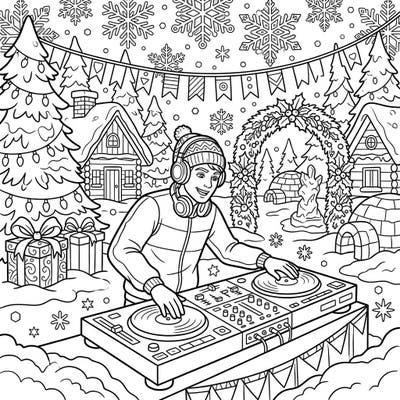 Unleash your creativity with this dynamic coloring page featuring a cool DJ spinning tracks in a magical winter wonderland. Perfect for music lovers and those who adore festive, snowy scenes.