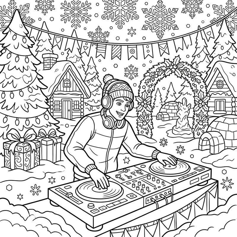 Unleash your creativity with this dynamic coloring page featuring a cool DJ spinning tracks in a magical winter wonderland. Perfect for music lovers and those who adore festive, snowy scenes.