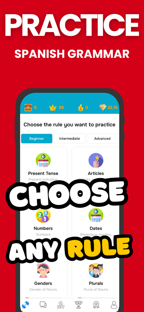 Espanido app screen showing Spanish grammar rules for beginner level including present tense and articles