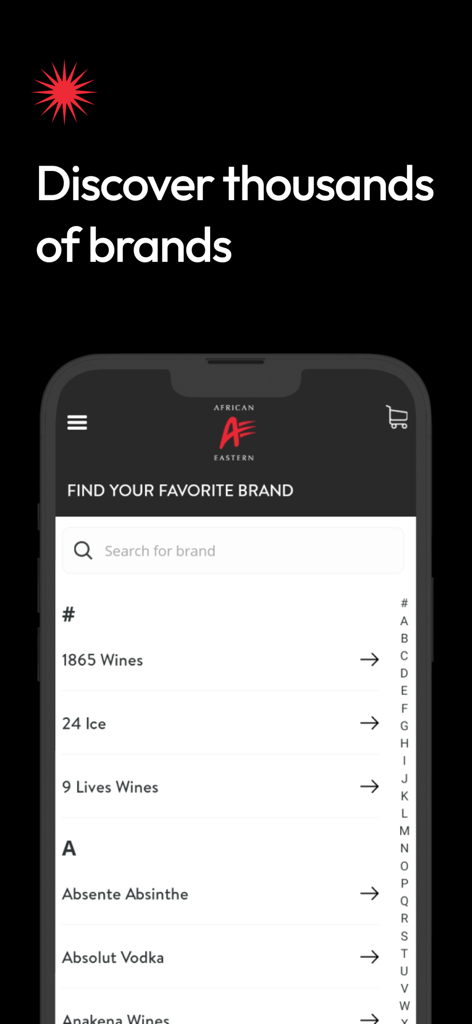 A&E Shop - Alcohol Delivery - A screen showing a searchable alphabetical list of alcohol brands in the A and E Shop app