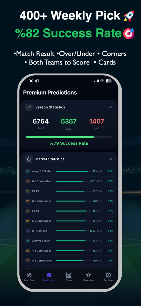 ScoreLab: Soccer Predictions - Interfaz de la aplicación ScoreLab que muestra estadísticas de predicción de fútbol y tasas de éxito históricas