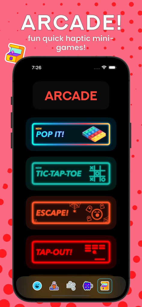 Tappy: Self Care Fidgeter - The Arcade screen in the Tappy app showing colorful neon buttons for quick haptic mini-games