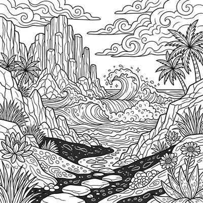 Embark on an artistic journey to a stunning black sand beach with this intricate coloring page for teens. Discover dramatic volcanic cliffs, powerful ocean waves, and exotic coastal flora ready for your vibrant imagination.