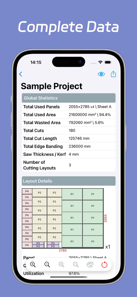 Estatísticas do projeto e layout de corte visual no aplicativo Otimizador de Lista de Cortes