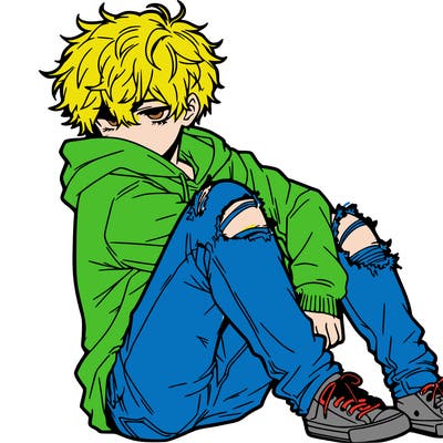 a male hoddie ripped jeans messy hair anime