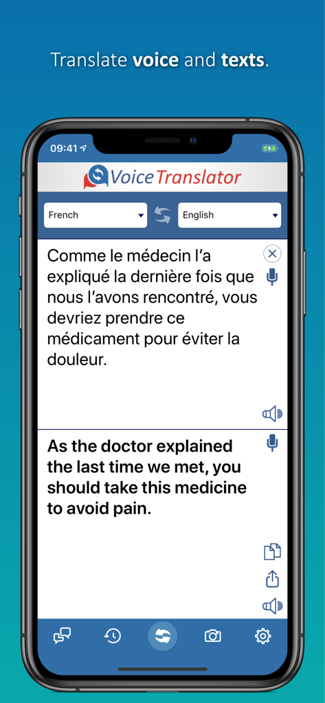 Voice Translator Reverso app screen showing a French to English medical text translation