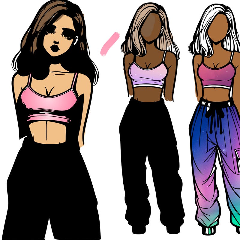 realistic girl in crop top with face and baggy pants