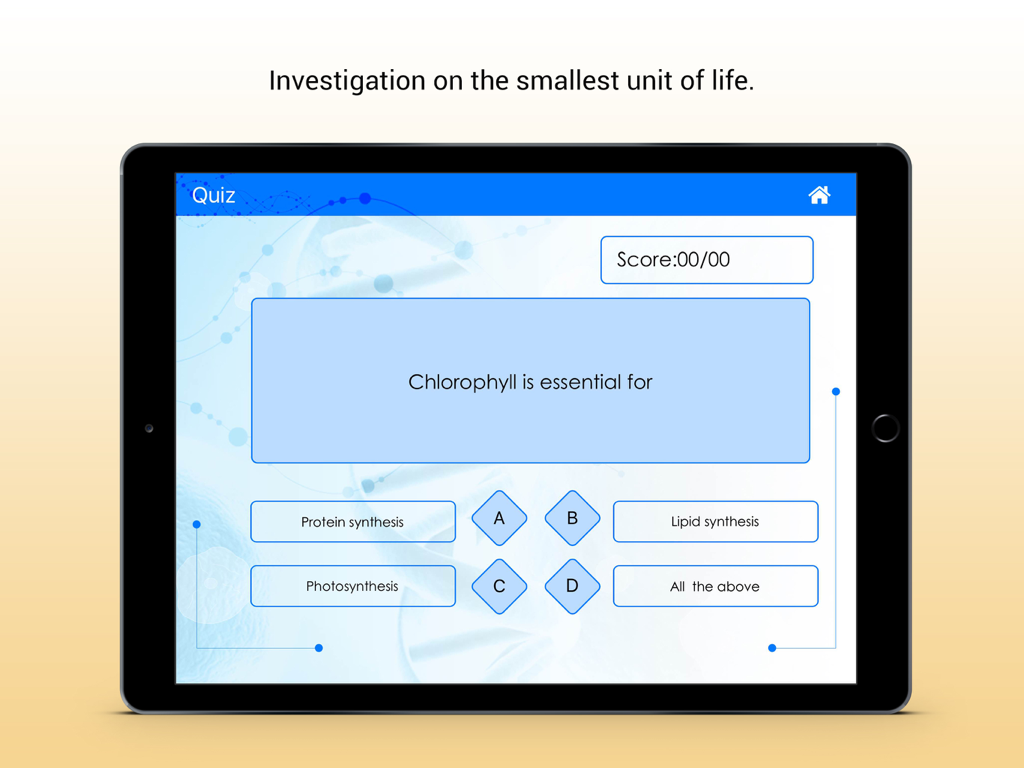 Interactive biology quiz screen on an iPad showing a question about chlorophyll in The Living Cell app
