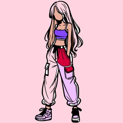 girl in baggy pants crop top and long hair