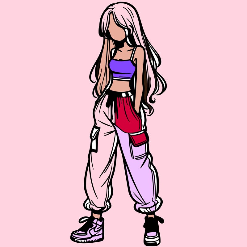 girl in baggy pants crop top and long hair