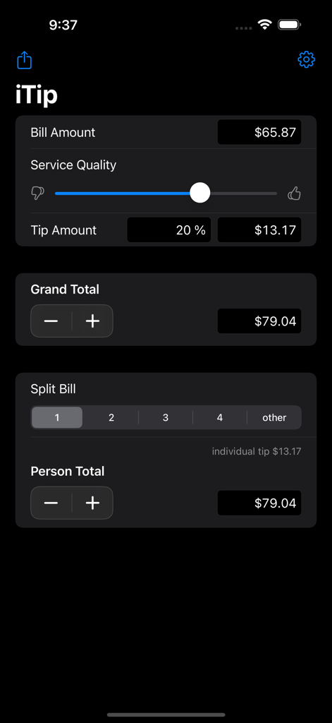 iTip Calc by PalaSoftware - iTip Calcアプリのスクリーンショット。請求額、チップ、および割り勘の合計が表示されています。