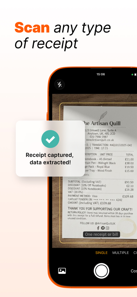 Mobile app interface showing a receipt being scanned and data successfully extracted