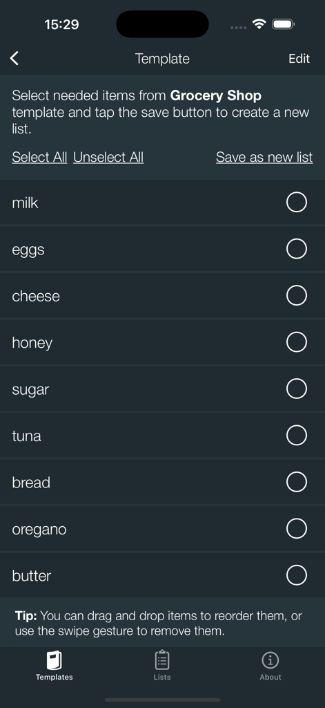 Pantalla de aplicación móvil que muestra una plantilla de lista de compras con artículos como leche, huevos y queso listos para seleccionar.
