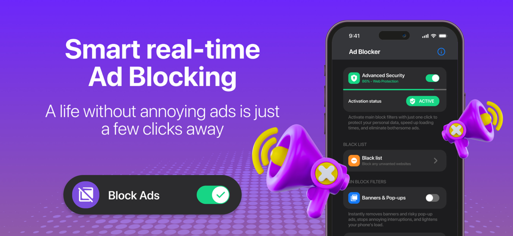 Advanced Security: Web Protect - Interface of Advanced Security app showing real-time ad blocking settings on an iPhone