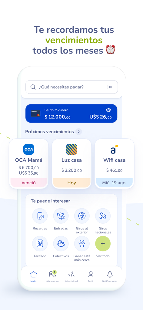 Miredpagos - Miredpagos app dashboard displaying account balances and upcoming bill payment reminders for services in Uruguay