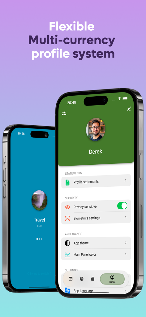 MoneySaver: Budget Planner App - MoneySaver app interface showing the flexible multi-currency profile system with privacy and biometrics settings on an iPhone.