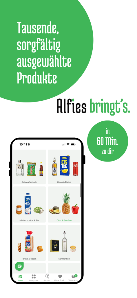 Alfies - Alfies mobile App mit Lebensmittelkategorien und 60-Minuten-Liefermeldung